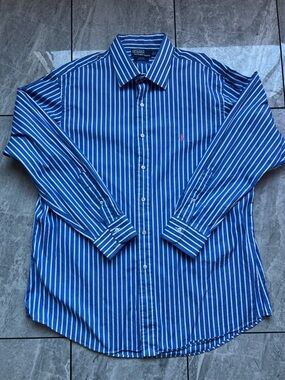 Polo Ralph Lauren Curham Mens Blue/White Stripe Embroidered Pony DressShirt 17.5